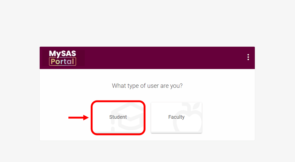 Red box highlighting the “Student” user button.