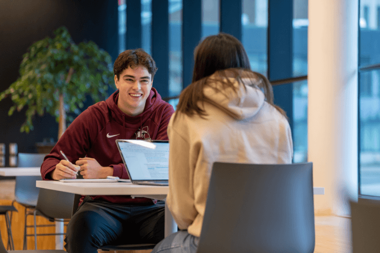 Two students in the hub studying with a laptop and notebook.