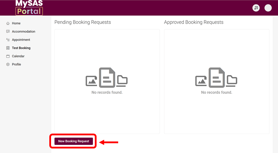 Red box highlighting the bottom left "New Booking Request" button