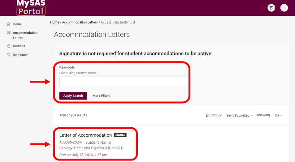 Red box highlighting the Filter search and a Letter of Accommodation