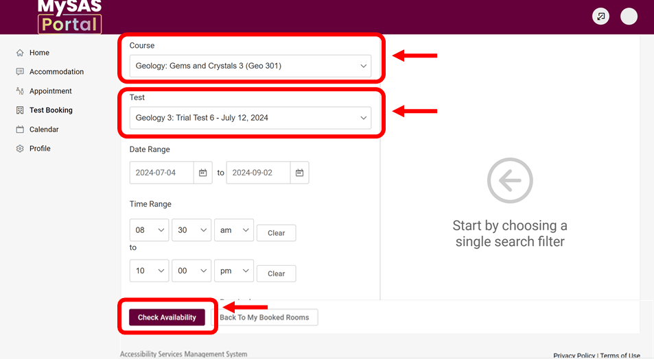 Red boxes highlighting the "Course", "Test" and "Check Availability" dropdowns