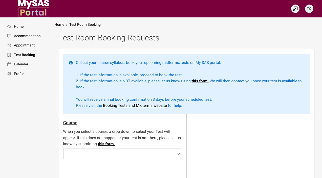 Screenshot of MySAS Portal Test Room Booking Requests page.