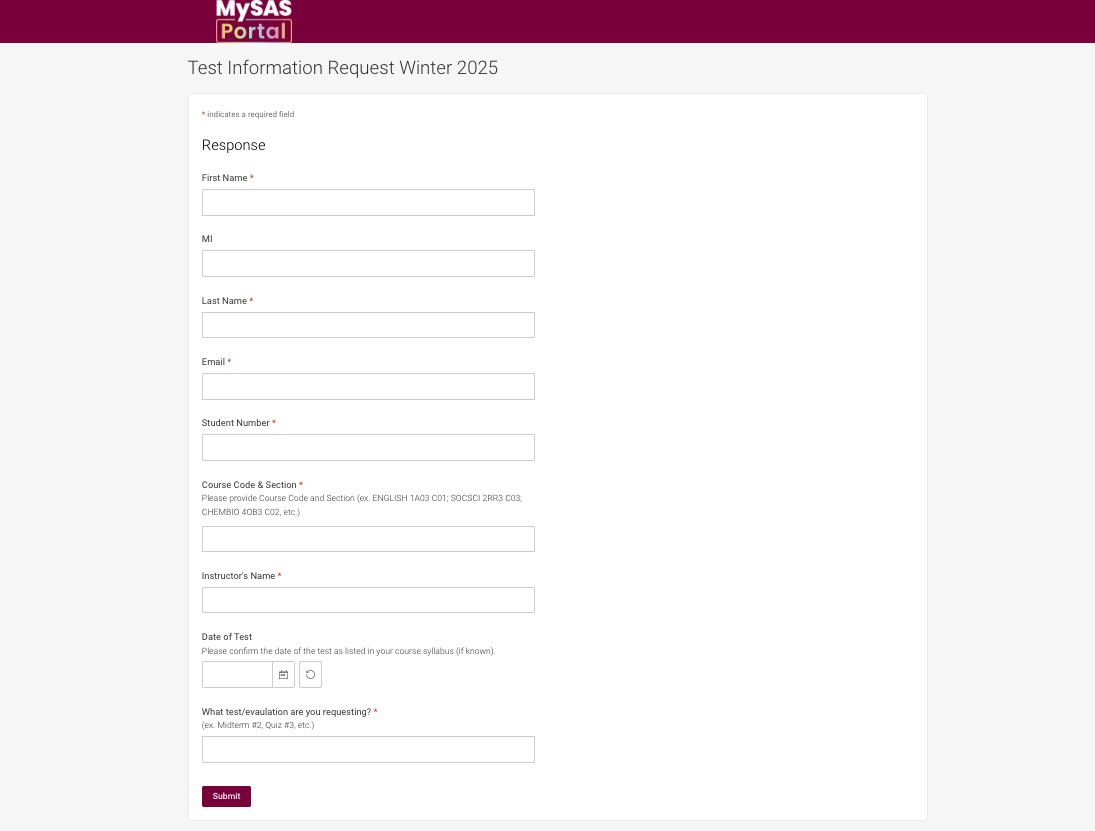 Screenshot of MySAS Portal Test Service Request form.