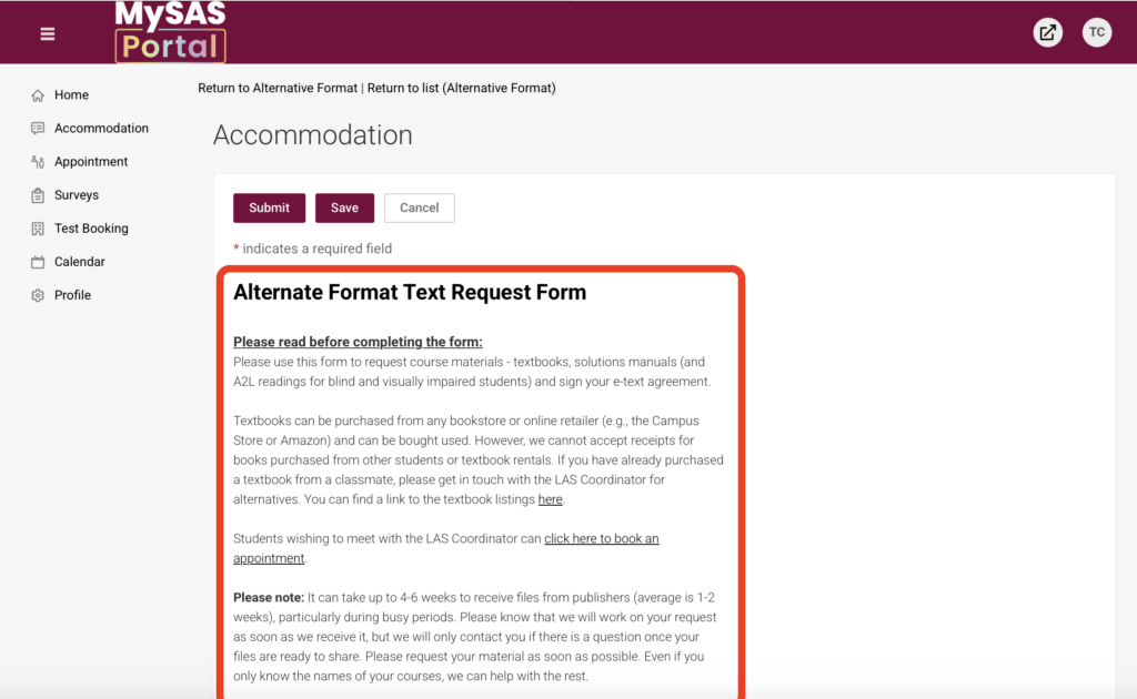 MySAS Portal webpage displaying the Alternate Format Text Request Form under the Accommodations section. Key options include 'Submit' and 'Cancel' buttons, with instructions for requesting materials in alternative formats. The page features a sidebar with navigation links to Home, Surveys, and more.