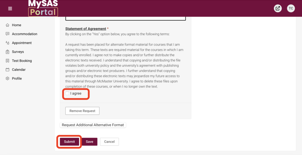 Webpage showing a "Statement of Agreement" with a checkbox to agree, highlighted in red. Buttons for "Submit," "Save," and "Cancel" are below.