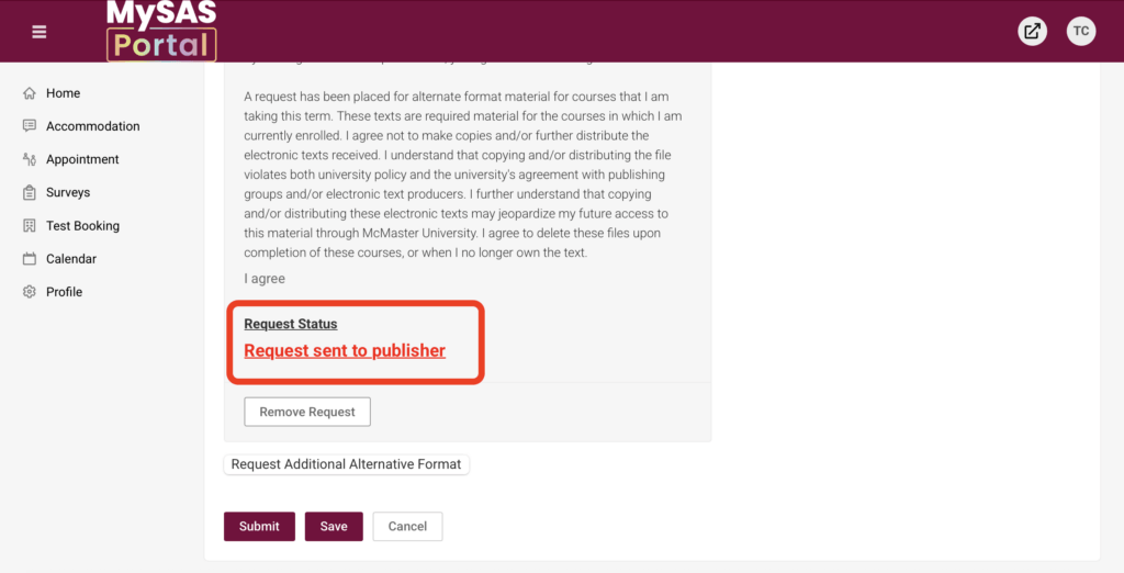 MySAS Portal interface displaying a request status highlighted in red, reading 'Request sent to publisher.' Navigation menu with options like Accommodation and Test Booking is on the left, with action buttons for Submit, Save, and Cancel below.